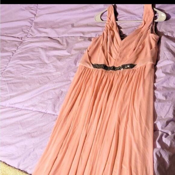 David's Bridal Long antique pink colored gown with rocky gunmetal gray trim wais - Picture 1 of 7